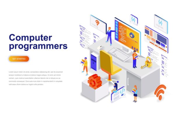 计算机编程等距概念插画 Computer Programmers Isometric Concept