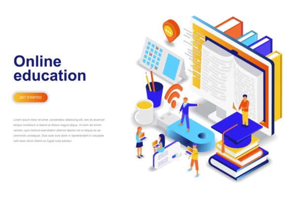 在线教育主题等距概念插画 Online Education Isometric Concept