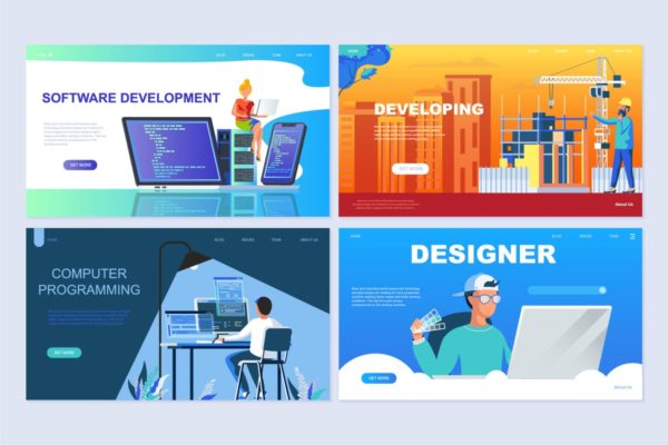 计算机软件技术开发主题扁平化设计着陆页概念插画 Set of Landing Page Templates Flat Concept