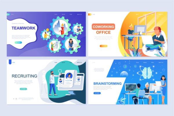 团队协作扁平设计着陆页概念插画 Set of Landing Page Templates Flat Concept