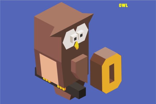 字母O&猫头鹰动物英文字母识字卡片设计2.5D矢量插画素材 O for Owl, Animal Alphabet collection. vector illu