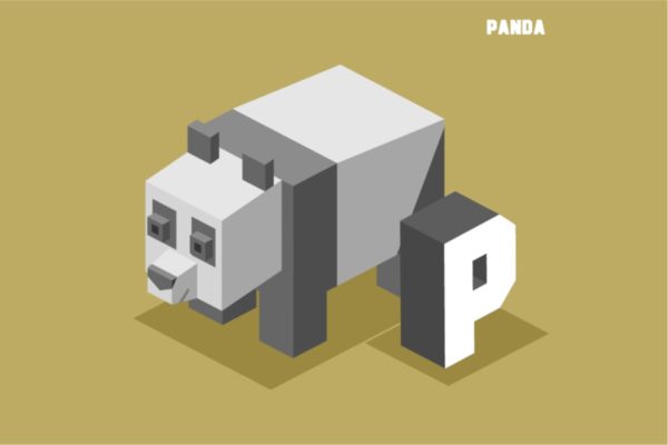 字母P&熊猫英文字母识字卡片设计2.5D矢量插画素材 P for Panda. Animal Alphabet