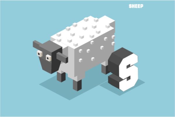 字母S&绵羊动物英文字母识字卡片设计2.5D矢量插画素材 S for sheep, Animal Alphabet