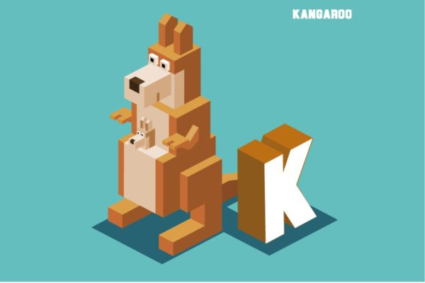字母K&袋鼠动物英文字母识字卡片设计2.5D矢量插画素材 K for kangaroo, Animal Alphabet