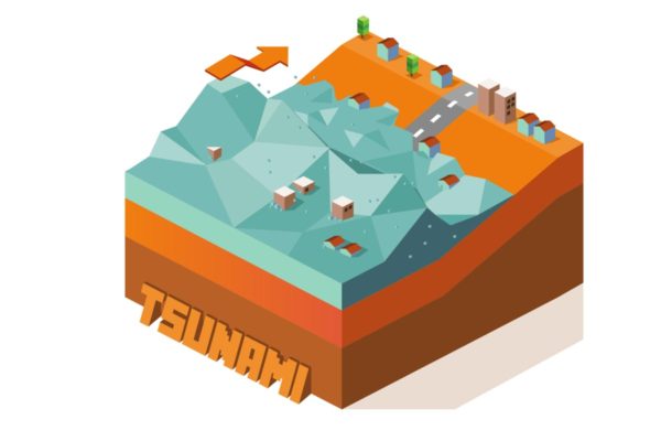 海啸自然灾害场景低多边形2.5D插画 tsunami