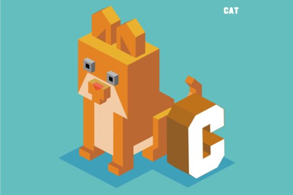 字母C&猫英文字母识字卡片设计2.5D矢量插画素材 C for Cat, Animal Alphabet