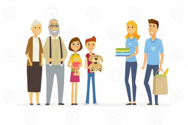 志愿者服务概念插画矢量素材 Volunteers help children & seniors – illustration