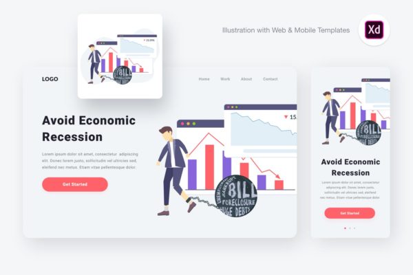 网站设计经济衰退分析概念插画[XD&SVG] Economic recession illustration (Adobe XD & SVG)