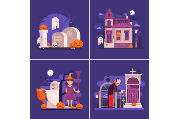 万圣节之夜横Banner设计矢量插画模板 Halloween Night Banners with Scary Scenes缩略图 万圣节之夜横Banner设计矢量插画模板 Halloween Night Banners with Scary Scenes