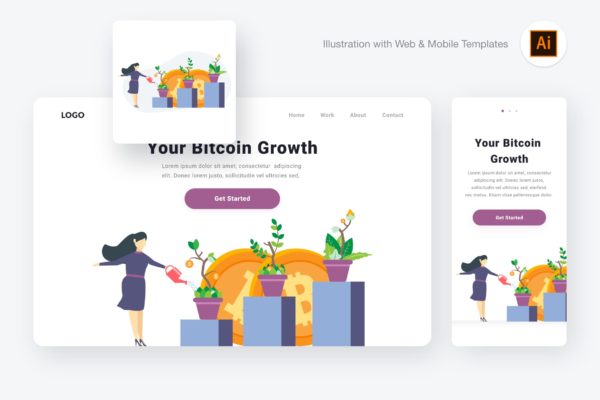比特币增值主题概念插画[AI&SVG] Bitcoin growth illustration (Illustrator & SVG)