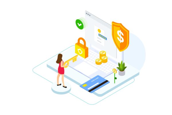 支付安全金融业务场景等距概念插画v1 Payment Security by Finance Isometric – FV
