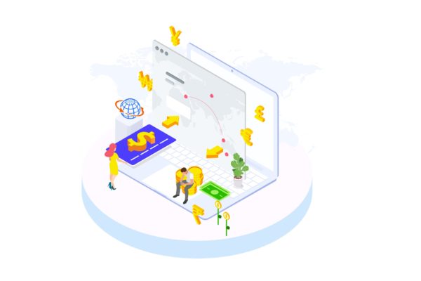 国际支付金融业务场景等距概念插画v1 Internation Payments by Finance Isometric – FV