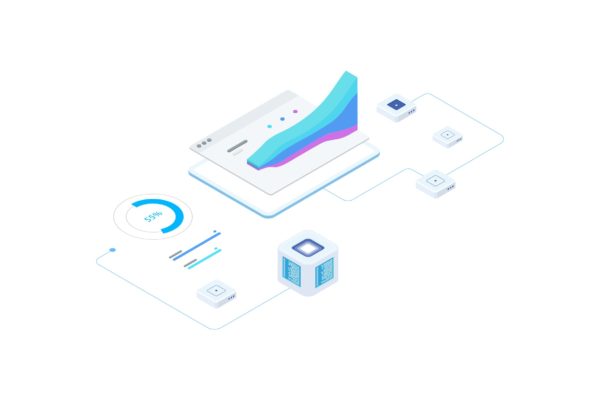 区块链金融数据统计报告等距概念插画v2 Financial Report on Blockchain Isometric 2 – FV