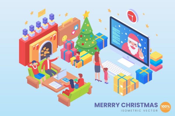 圣诞快乐等距矢量概念插画 Isometric Merry Christmas Vector Concept