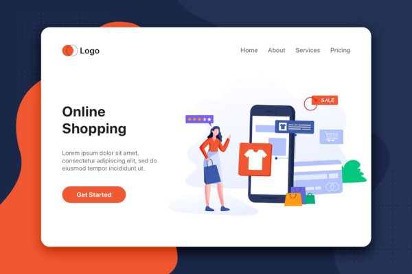 网上购物主题网站首页设计概念插画 Young woman shop online using smartphone缩略图 网上购物主题网站首页设计概念插画 Young woman shop online using smartphone