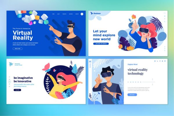 VR虚拟现实主题网站设计概念插画v6 Web design templates of virtual reality