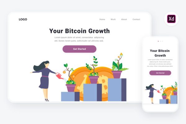 比特币增长场景APP&Web设计矢量插画[XD&SVG] Bitcoin growth illustration (Adobe XD & SVG)