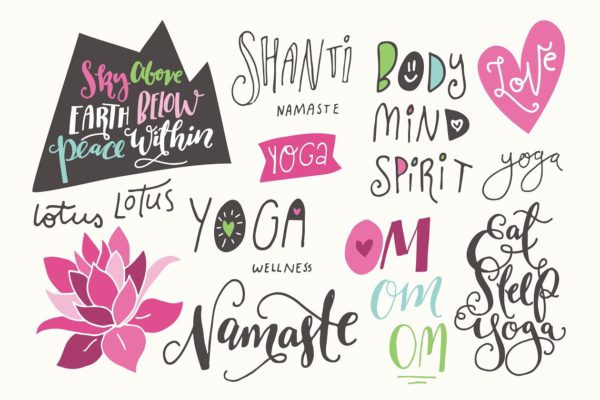 瑜伽剪切画艺术、标语&笔刷素材包 Yoga Theme Clip Art & Messages