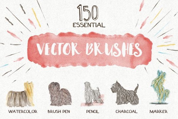 各种类型笔画AI笔刷大杂烩[水彩笔/刷笔/铅笔/木炭笔/记号笔] Essential Vector Brushes Collection