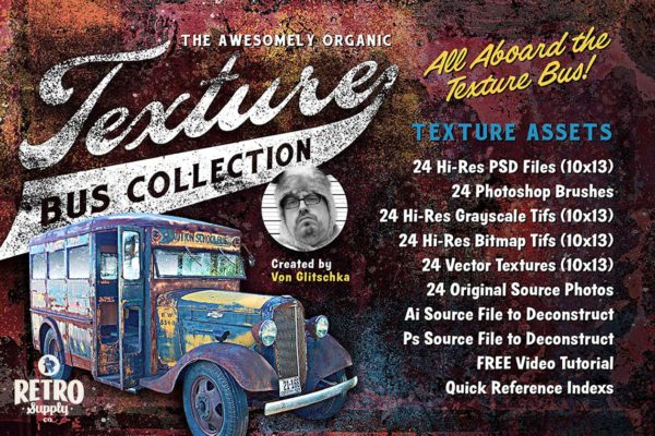 复刻60年代嬉皮巴士残旧生锈外观纹理&PS笔刷 Texture Bus by Von Glitschka