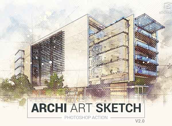逼真建筑主题艺术素描PS动作 Archi_Art_Sketch_Photoshop_Action_V2