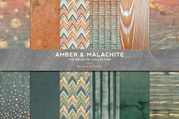 琥珀与孔雀石金色水彩纹理背景 Amber & Malachite Golden Watercolor