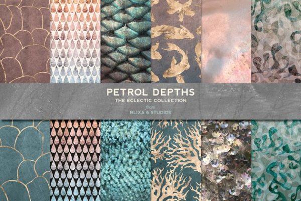 精美的玫瑰金彩虹色调有机图案纹理 Petrol Depths in Gold & Iridescence