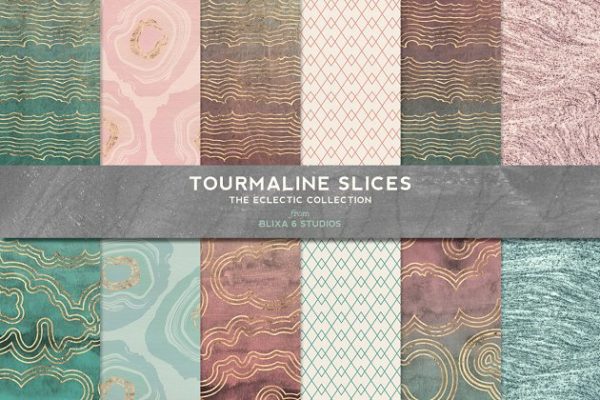 金色大理石石纹波纹背景纹理 Tourmaline Sliced Gold & Watercolors