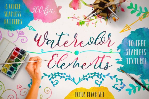艺术手绘涂鸦水彩元素纹理套装 Watercolor Elements + Free Textures