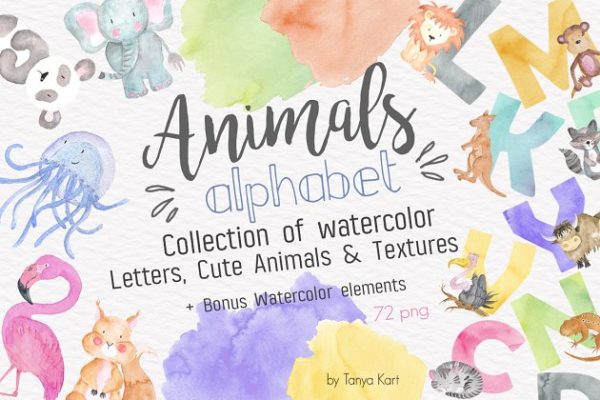 字母、可爱动物水彩图案&纹理 Alphabet Watercolor Animals Kit