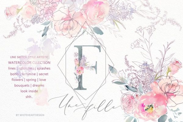 极力推荐：梦幻水彩花卉&涂鸦线条素材包 Une Fille Watercolor Artistic Set [2.7GB]