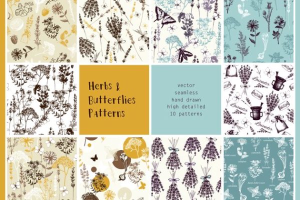 10款草药&蝴蝶图案纹理 10 Herbs & Butterflies Patterns