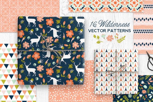 林地荒野主题矢量图案纹理 Woodland Wilderness Vector Patterns