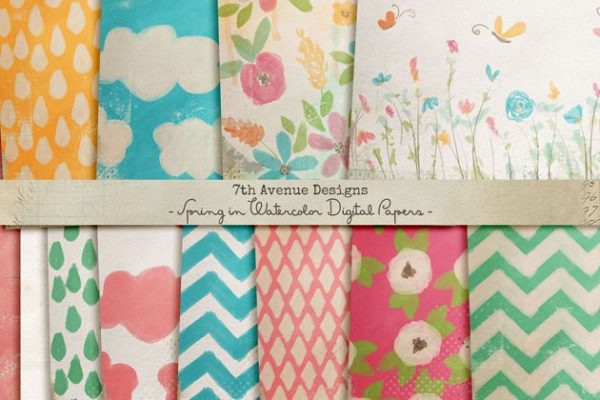 春天气息水彩图案纸张纹理 Spring in Watercolor Digital Papers