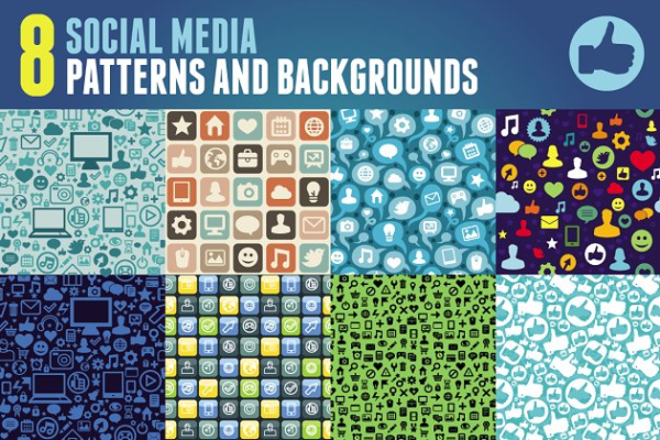 8款社交媒体图标图案背景纹理 8 patterns with social media icons缩略图 8款社交媒体图标图案背景纹理 8 patterns with social media icons