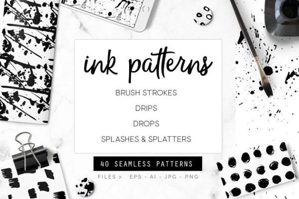 墨水图案无缝矢量纹理 Ink Vector Seamless Patterns