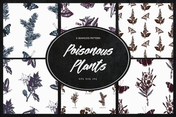 无缝有毒植物蝴蝶图案纹理 Poisonous Plants & Flowers Patterns