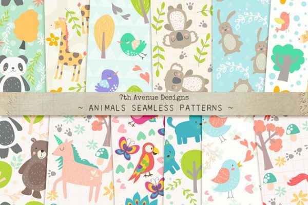 儿童主题素材无缝动物图案 Animals Seamless Patterns缩略图 儿童主题素材无缝动物图案 Animals Seamless Patterns