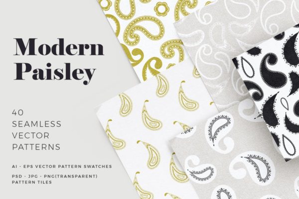 现代佩斯利涡纹旋花呢无缝图案纹理 Modern Paisley Seamless Patterns