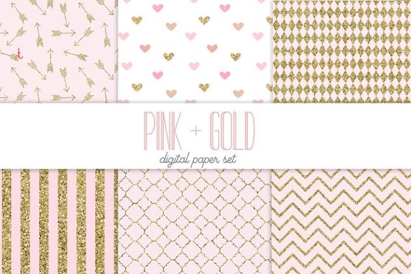 粉色/金色礼品包装纸图案素材 Pink and gold digital paper缩略图 粉色/金色礼品包装纸图案素材 Pink and gold digital paper