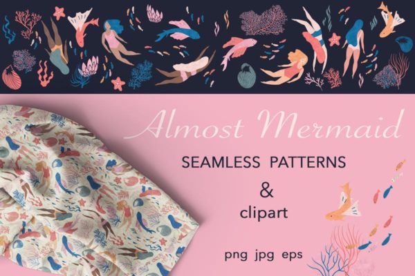 手绘美人鱼图案无缝背景纹理 Almost Mermaid缩略图 手绘美人鱼图案无缝背景纹理 Almost Mermaid