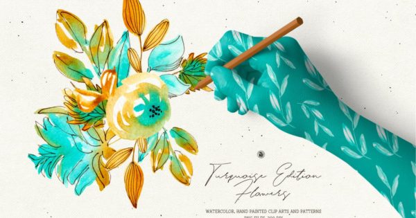 水彩手绘花卉剪贴画和无缝图案纹理 Turquoise Edition Flowers缩略图 水彩手绘花卉剪贴画和无缝图案纹理 Turquoise Edition Flowers