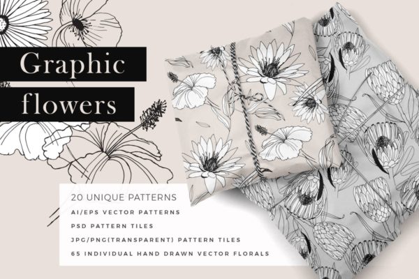 创意手绘花卉插画图案纹理素材 Graphic Flowers Patterns & Elements