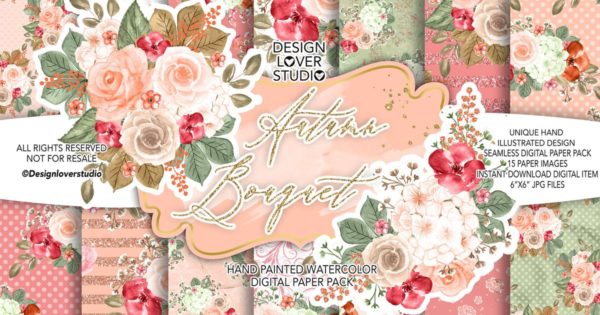 秋季主题水彩花卉无缝图案纹样设计素材合集 Autumn Bouquet digital paper pack