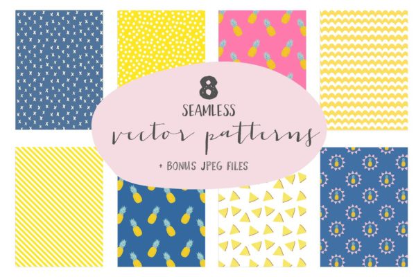 一套黄色、蓝色和粉色的现代夏季菠萝图案 Summer pineapple patterns缩略图 一套黄色、蓝色和粉色的现代夏季菠萝图案 Summer pineapple patterns