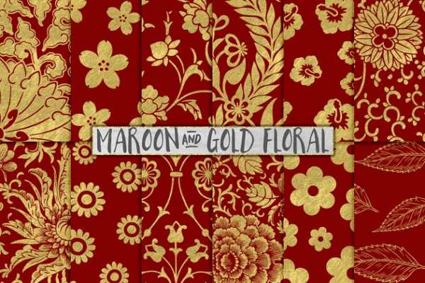 12种金箔花卉图案背景 Maroon and Gold Floral Papers缩略图 12种金箔花卉图案背景 Maroon and Gold Floral Papers