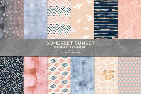 一组柔和温暖的水彩画背景纹理  Somerset Sunset Gold & Watercolors