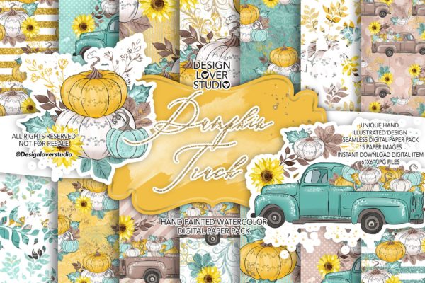 感恩节节日主题手绘南瓜卡车数码纸张图案素材 Thanksgiving car digital paper pack