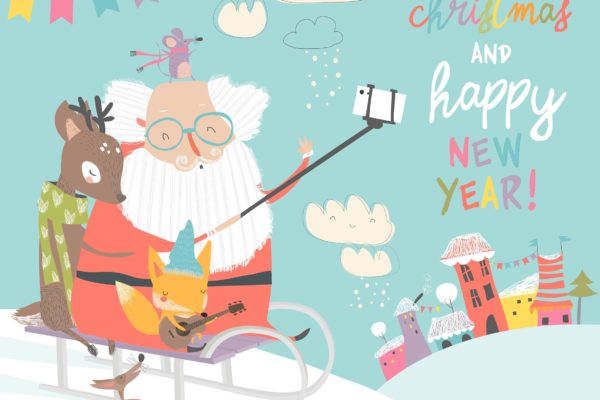 圣诞老人/驯鹿/狐狸矢量手绘圣诞主题素材 Santa take a selfie with reindeer and fox. Vector
