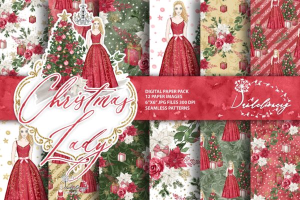 圣诞节&美女手绘图案数码纸张背景素材 Christmas Lady digital paper pack